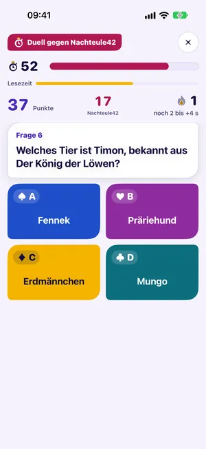 Duell gegen Nachteule42: oben 52 Sekunden Restzeit und die Lesezeit, 37 zu 17 Punkte, darunter Frage 6 „Welches Tier ist Timon, bekannt aus Der König der Löwen?“ mit den vier farbigen Antworten Fennek, Präriehund, Erdmännchen und Mungo.