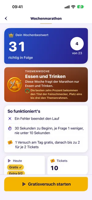 Wochenmarathon: blaue Karte „Dein Wochenbestwert“ mit 31 richtig in Folge und Platz 4 von 23, darunter die Themenwoche „Essen und Trinken“, die Regeln und der goldene Knopf „Gratisversuch starten“.