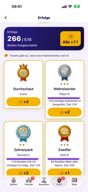 Erfolge: 266 von 578 Stufen freigeschaltet, darunter Medaillen wie Durchschaut, Weltreisender, Zehnerpack und Zweifler mit Fortschrittsbalken und Ticket-Belohnungen.